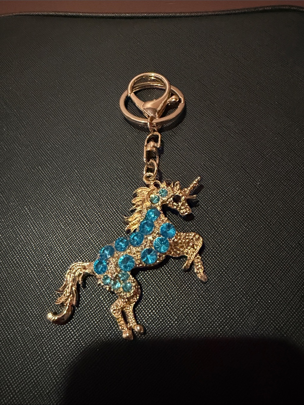 Gold Unicorn Keychain with Blue Crystals